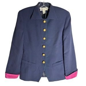 Vintage Christian Dior Womens Blazer Jacket Coat Size 2 Navy Blue Fuchsia Trim